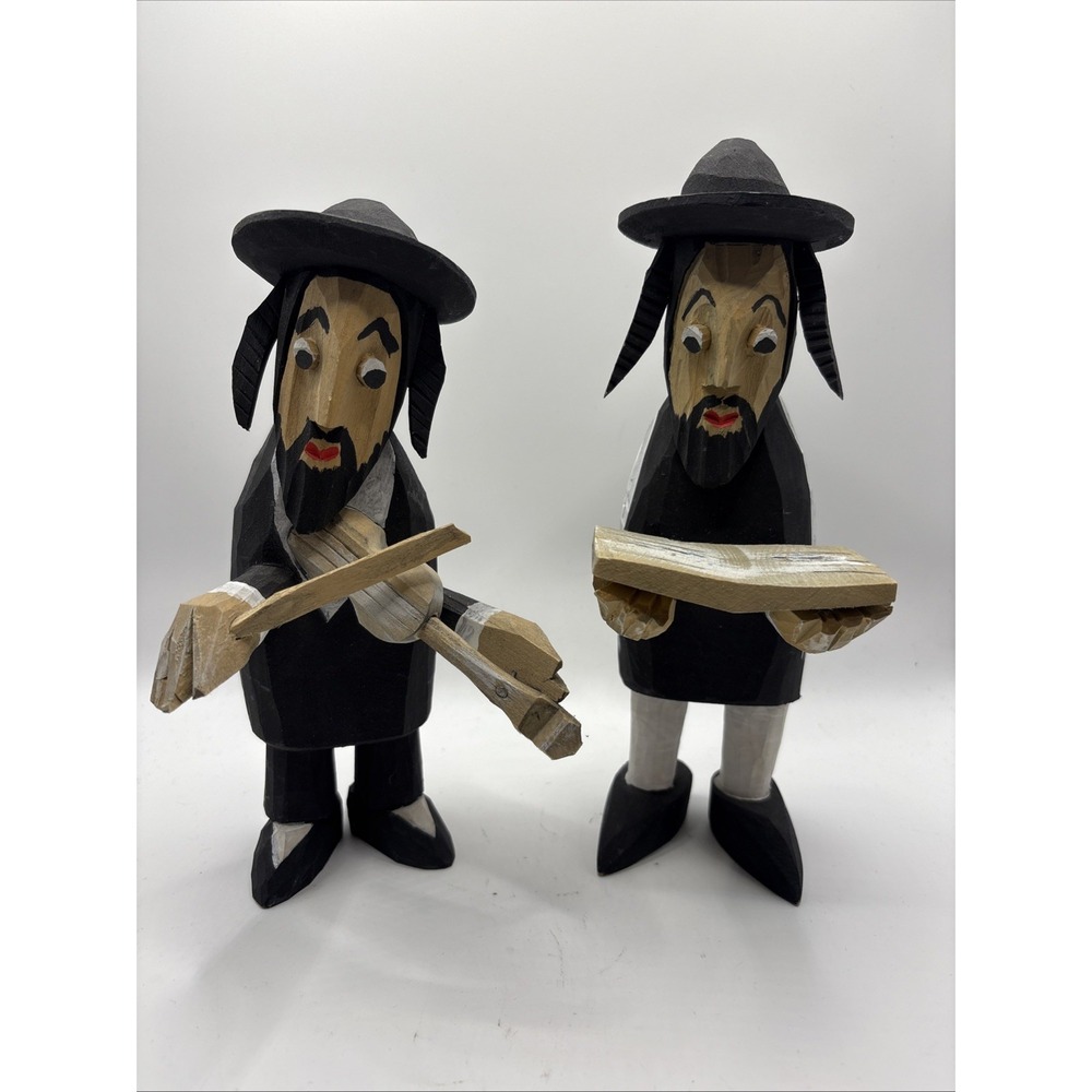 Vtg Set of 2 Hand-Carved Jewish Klezmer Musician 8" Wood Folk Art Figure Judaica